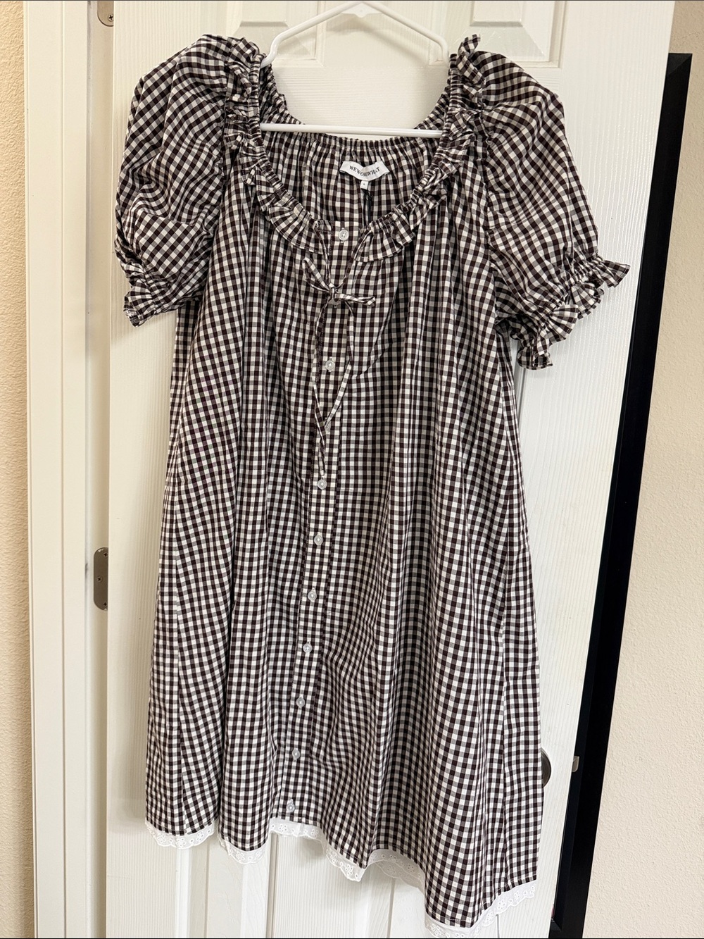 We Wore What Dress in Gingham Brown and White. Large NEW w tags